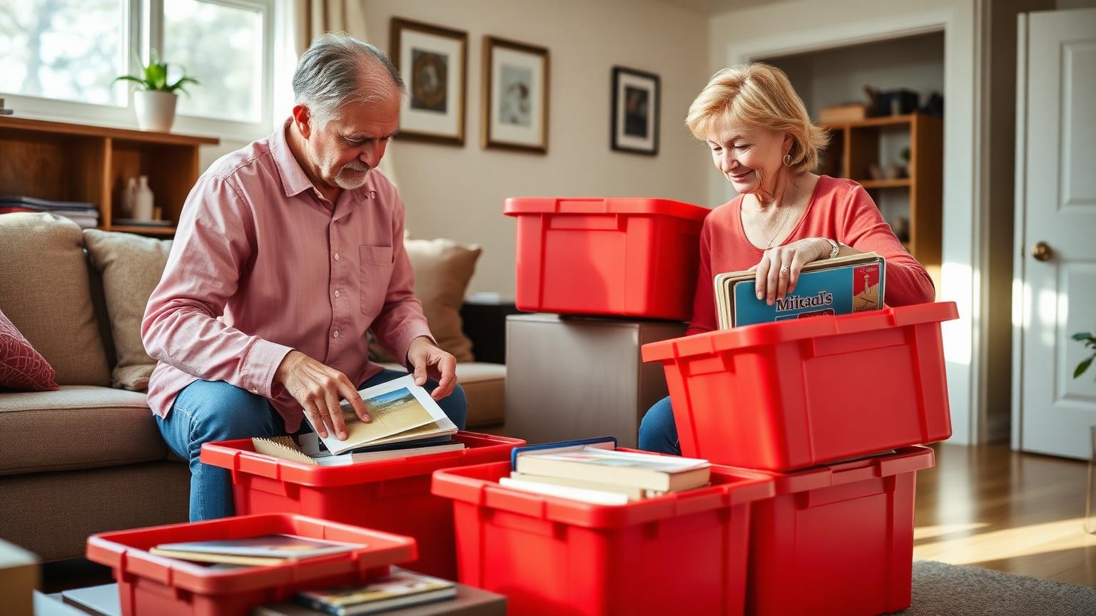 An older couple sorting photo albums and keepsakes into red moving totes