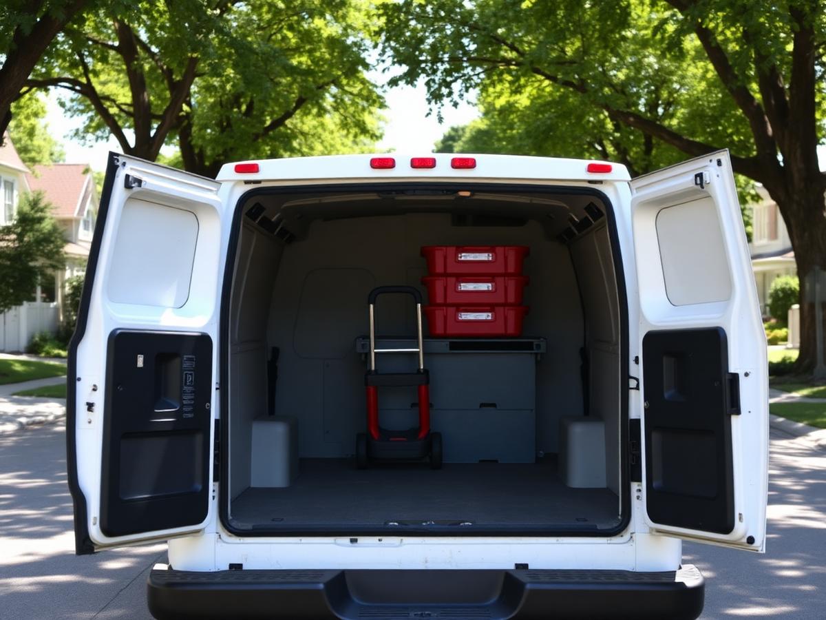 Delivery van with red reusable moving totes and a dolly loaded in the back on a Madison residential street