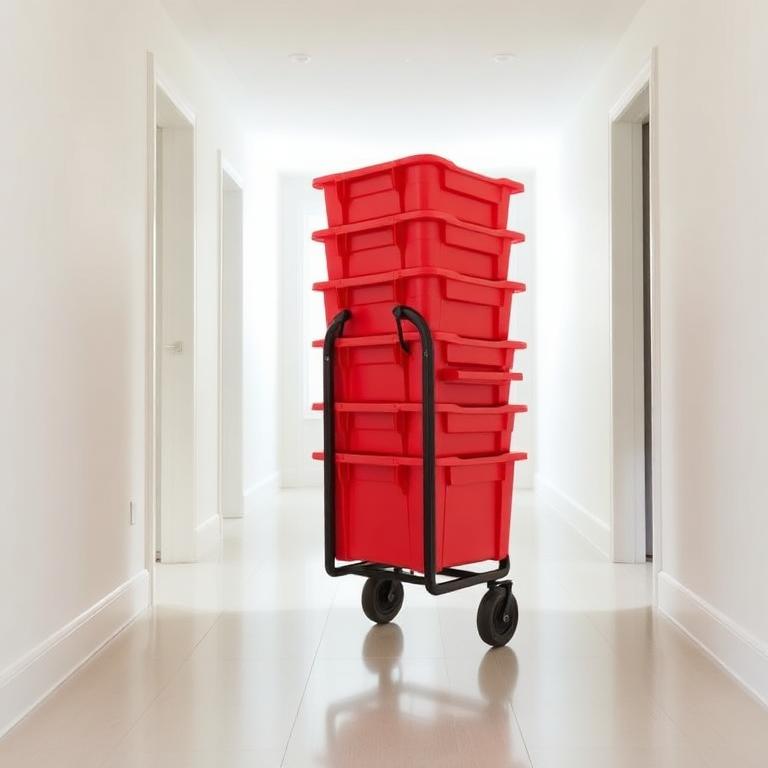 A moving dolly loaded with a stack of red moving totes in a hallway