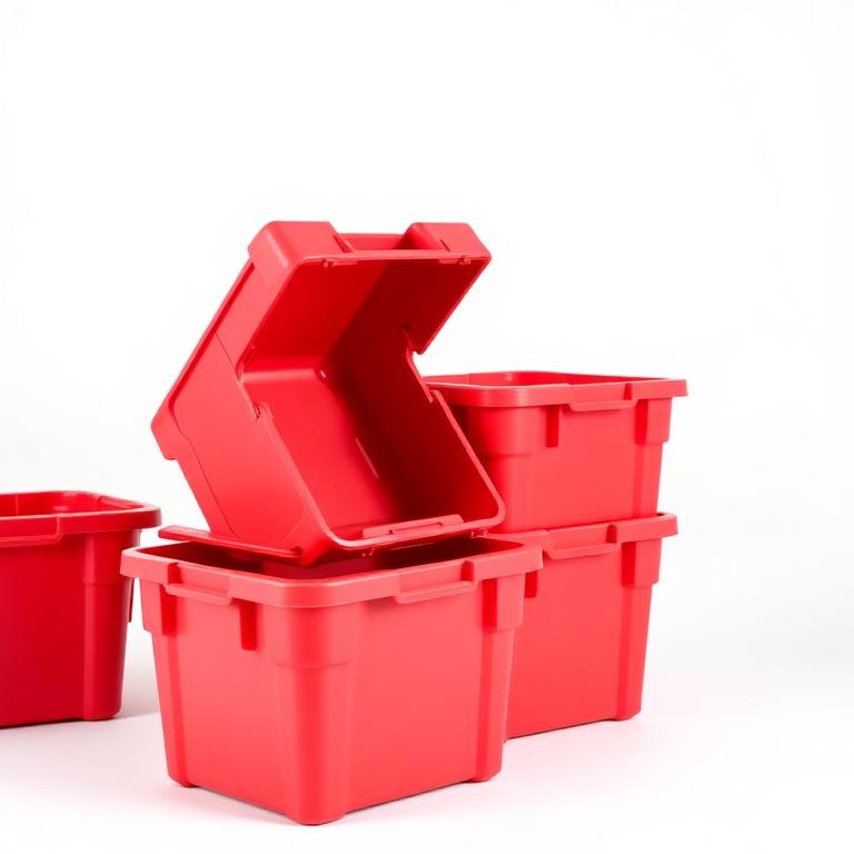 Clean red reusable moving totes with a latching lid open