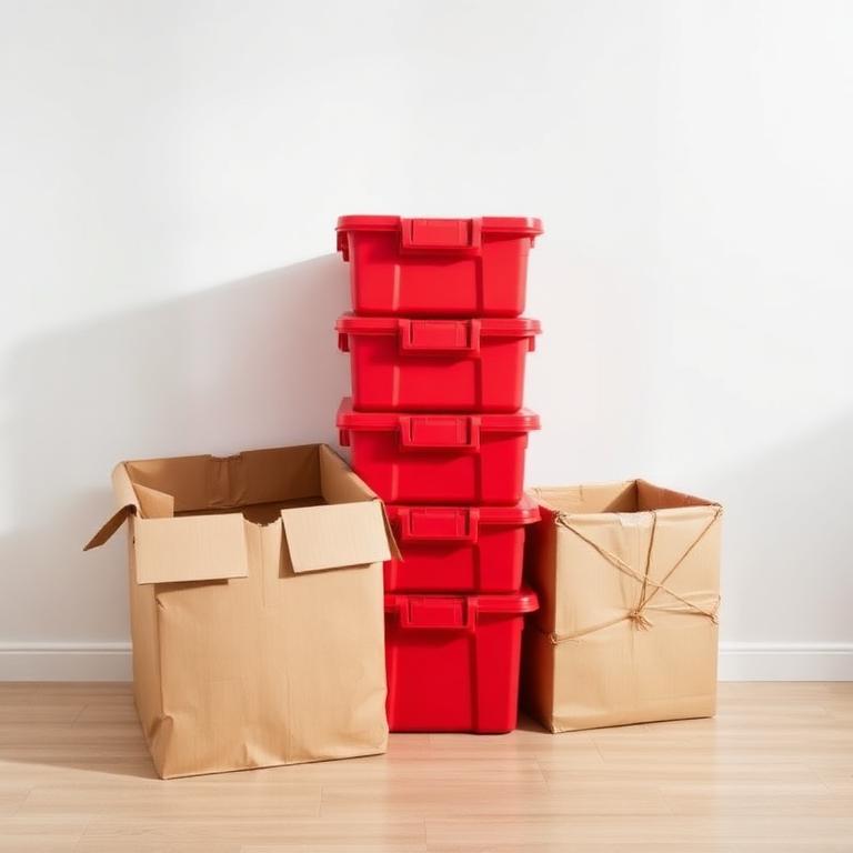 Red plastic moving totes stacked beside a collapsing cardboard box